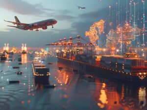 logistics means transport together with technological futuristic holograms